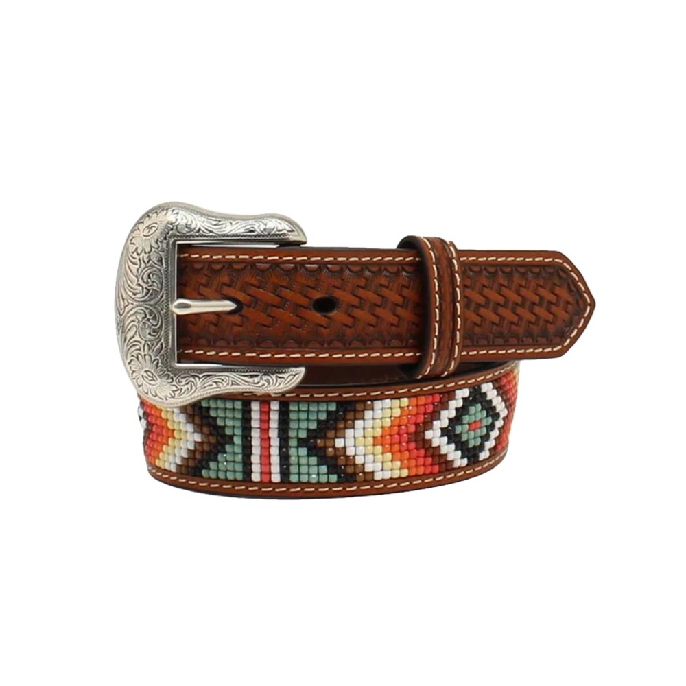 Nocona Western Belt Mens Basketweave Tab Beaded  size 44 tan